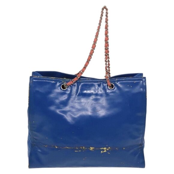 CHANEL Chain Tote Bag Patent leather Blue Silver CC - Picture 3 of 16